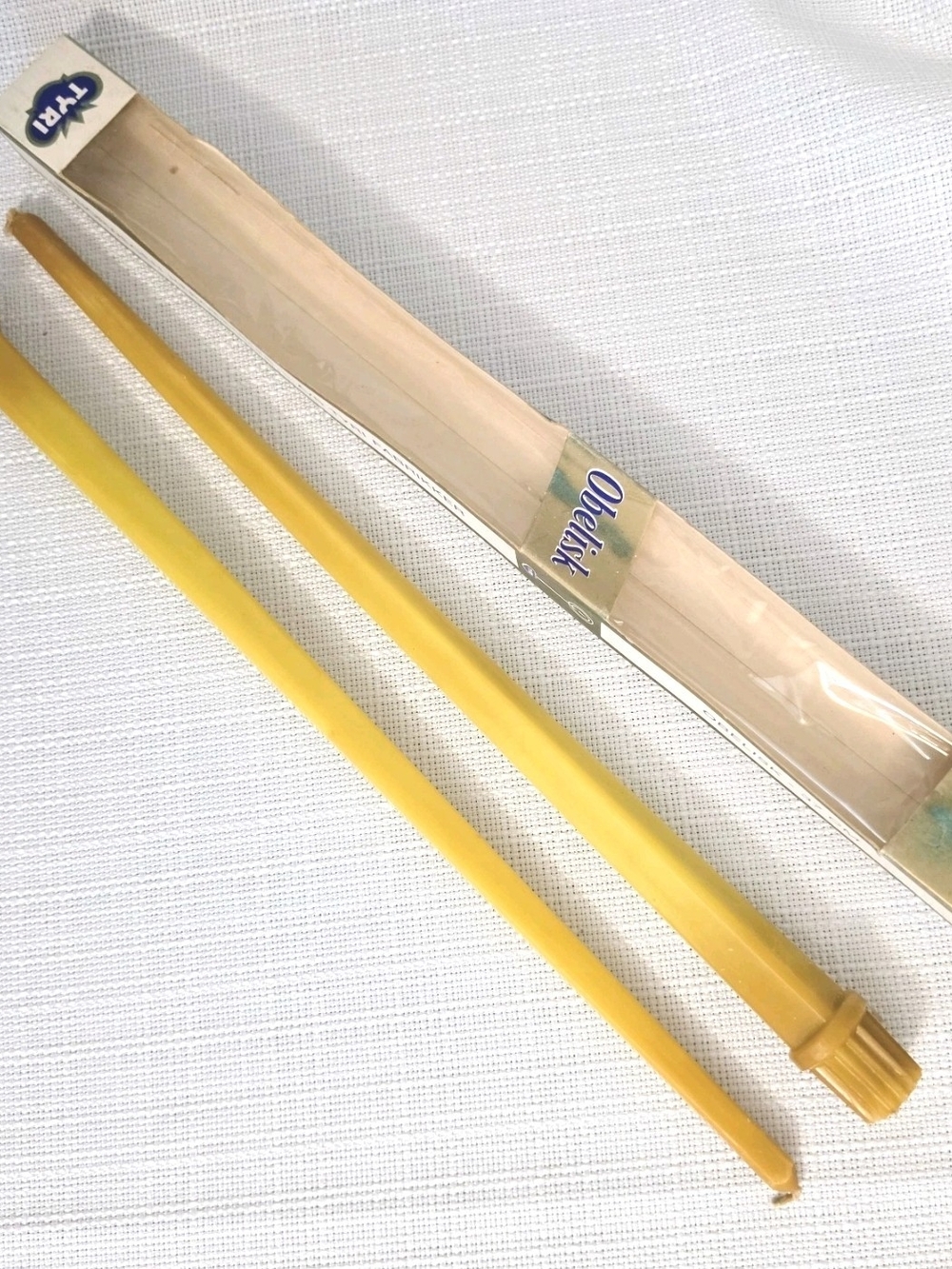 Vtg Tyri Obelisk Tapered Candlesticks Yellow Square 14.5" Non Smoke 6.5 Hr Norwa